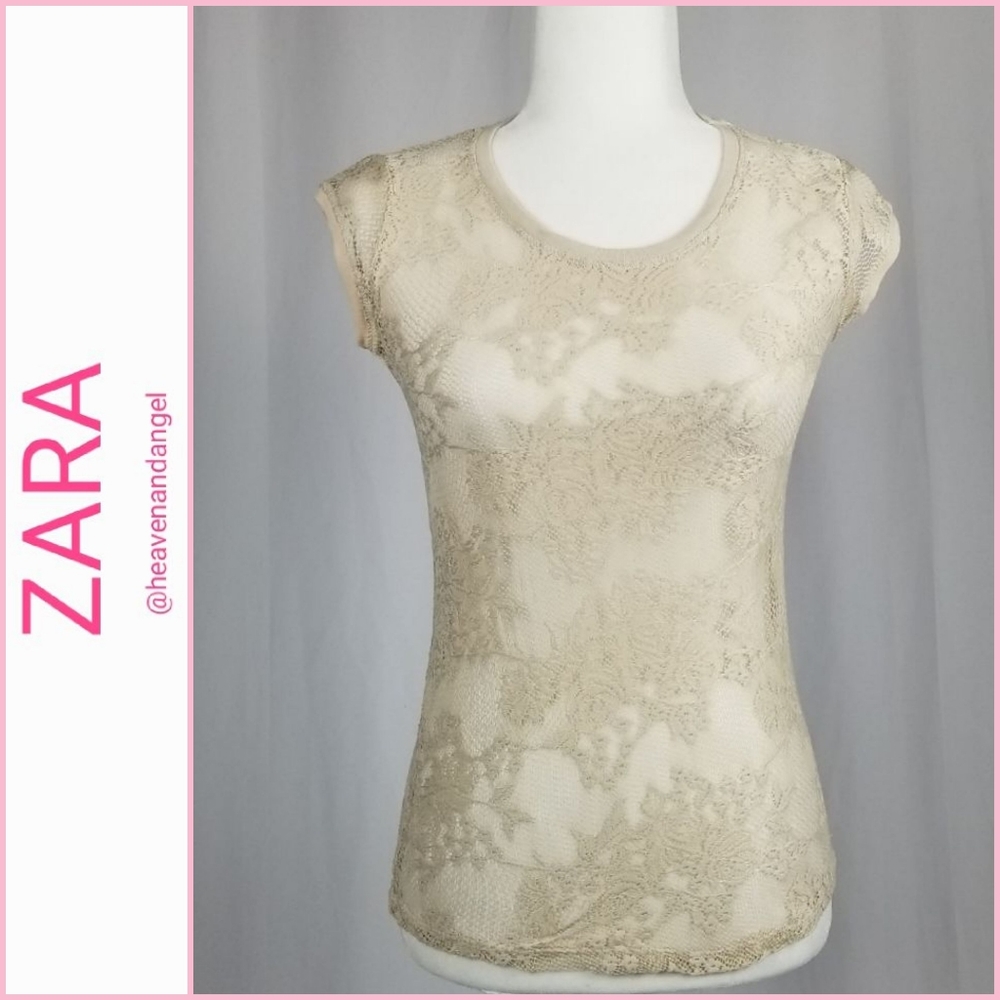 Zara Trafaluc Sheer Stretch Lace Top - Cream